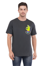 Man wearing a black t-shirt with a colorful graphic design on a white background