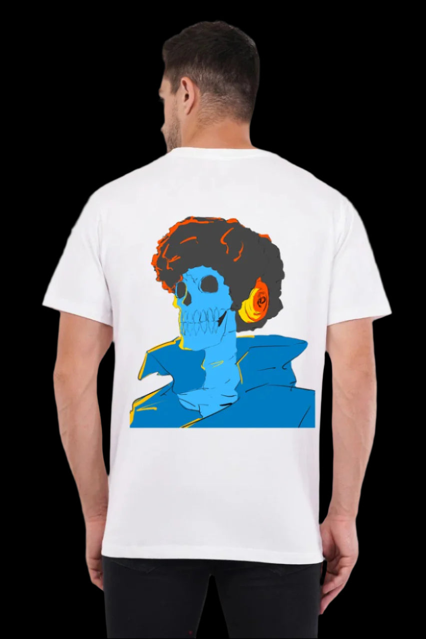 Person wearing a white t-shirt with a colorful graphic on the back against a plain background