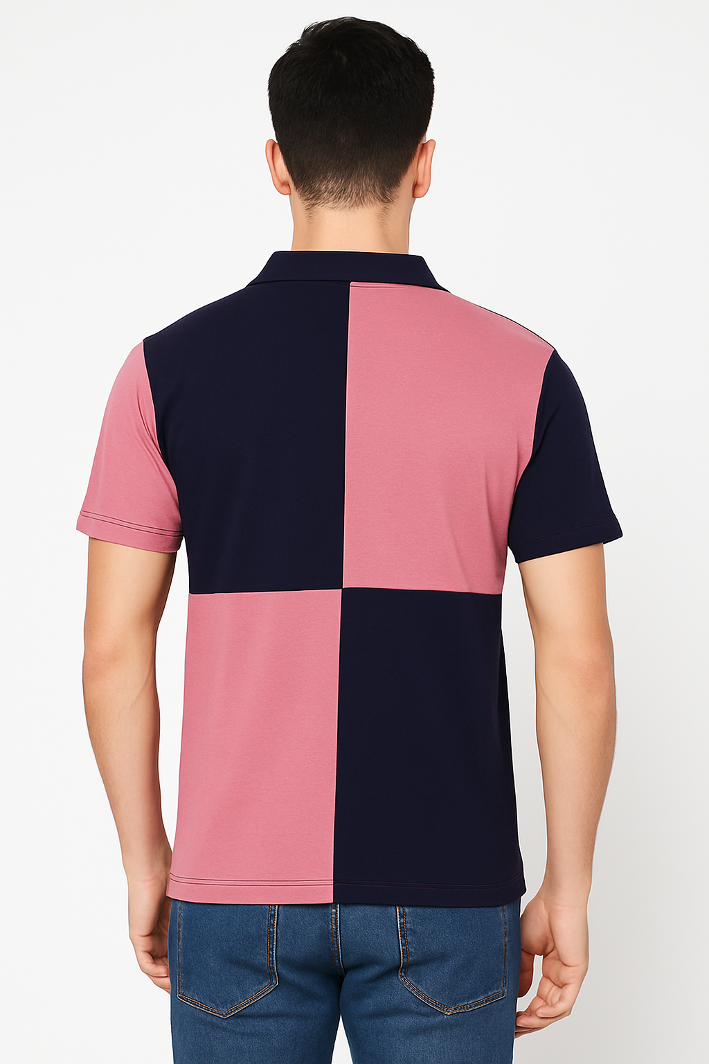 Men's Color Block Polo T-Shirt – Navy Blue & Rose Pink | Casual Half Sleeve Cotton Tee