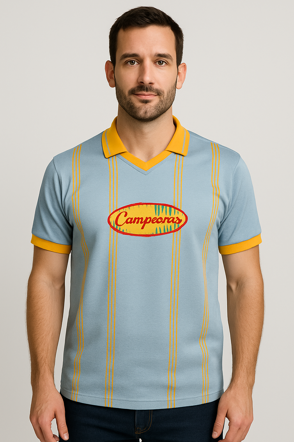 Men’s Sky Blue Polo T-Shirt with Mustard Stripes & Campeones Logo