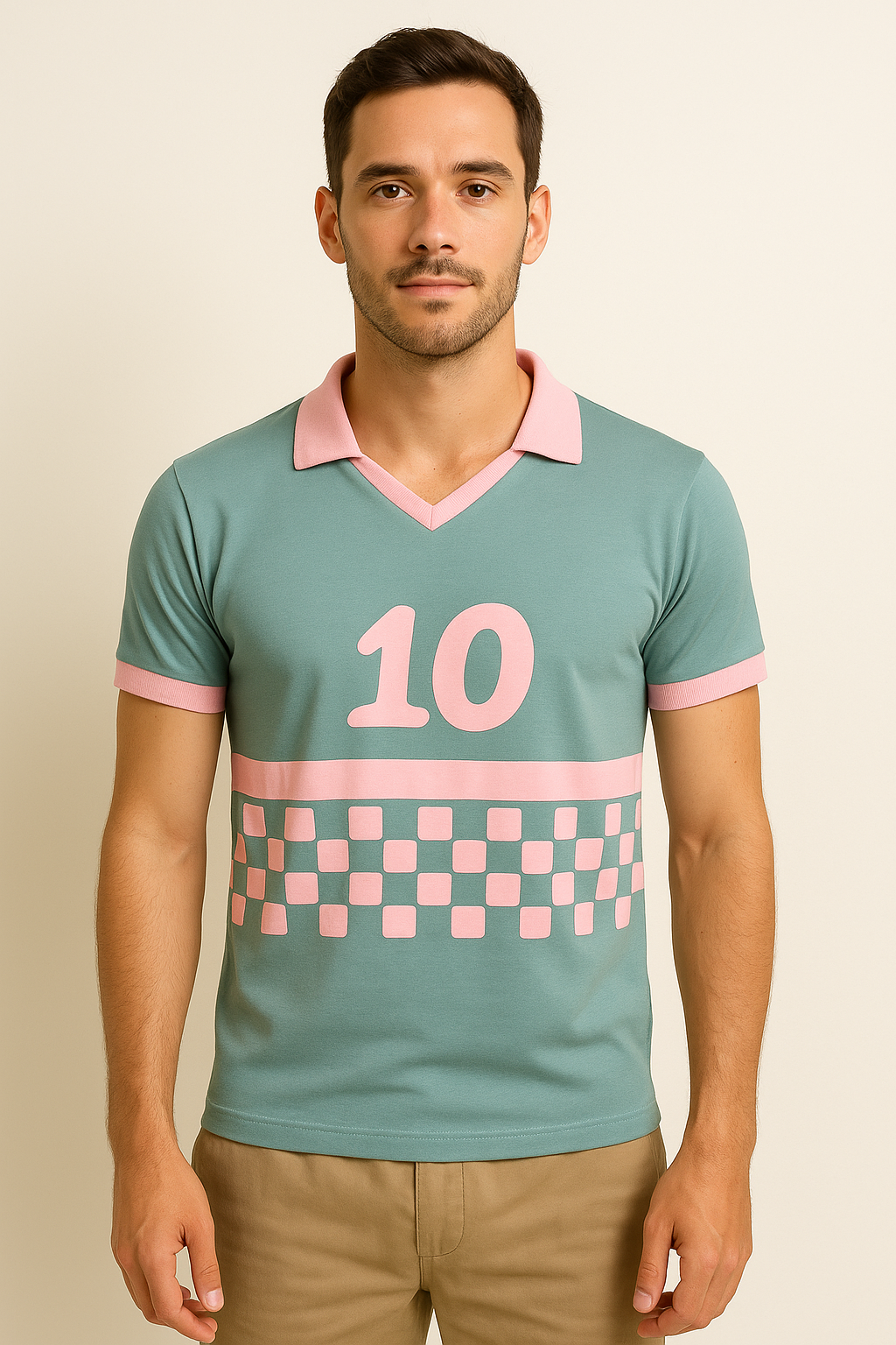 Retro Polo T-Shirt with Number & Checkerboard Print – Sage Green & Pink