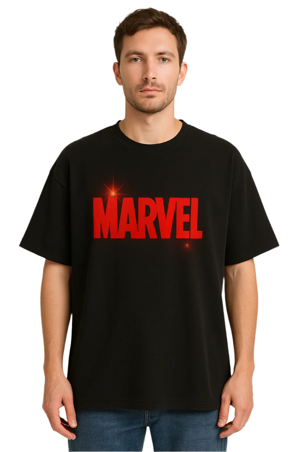 Bold Red MARVEL Logo Oversized Black T-Shirt – Shining Puff Print Edition