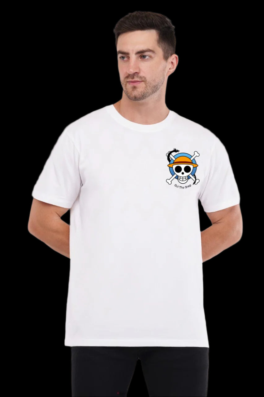 Man wearing a white t-shirt with a colorful graphic design on a plain background