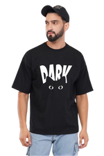 Man wearing a black t-shirt with a cat graphic and 'DARK' text on a white background