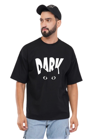 Man wearing a black t-shirt with a cat graphic and 'DARK' text on a white background