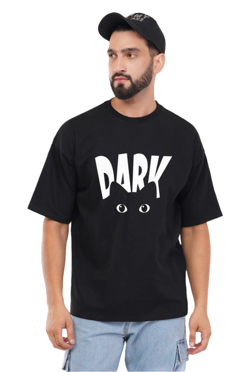 Man wearing a black t-shirt with a cat graphic and 'DARK' text on a white background