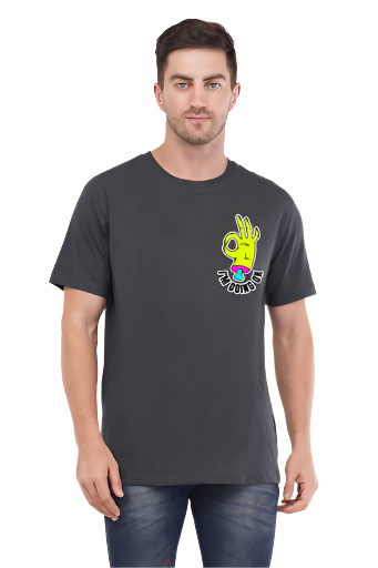 Man wearing a black t-shirt with a colorful graphic design on a white background
