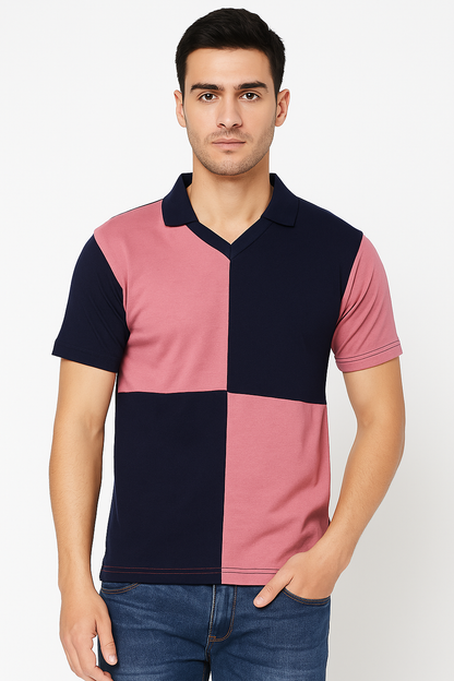 Men's Color Block Polo T-Shirt – Navy Blue & Rose Pink | Casual Half Sleeve Cotton Tee