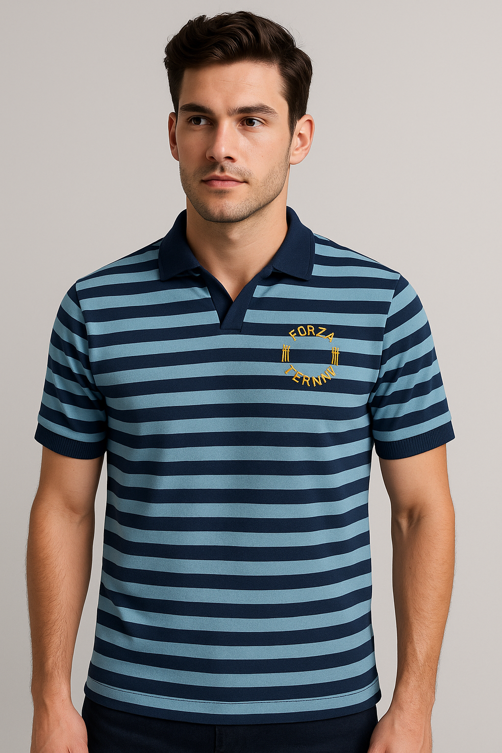 Classic Polo Tee – Blue & Navy Stripes with Chest logo print